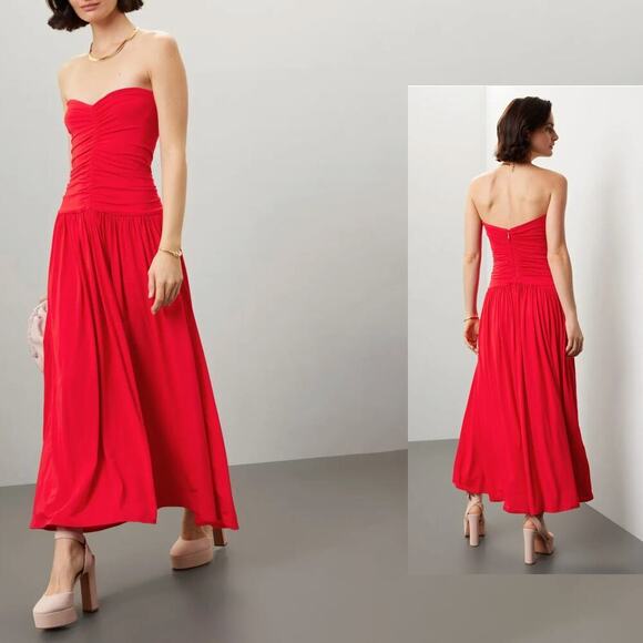 Rosetta Getty Collective Red Strapless Ruched Dress - Picture 1 of 7